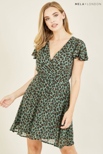Mela Green Animal Print Wrap Skater Dress (Q15614) | £40