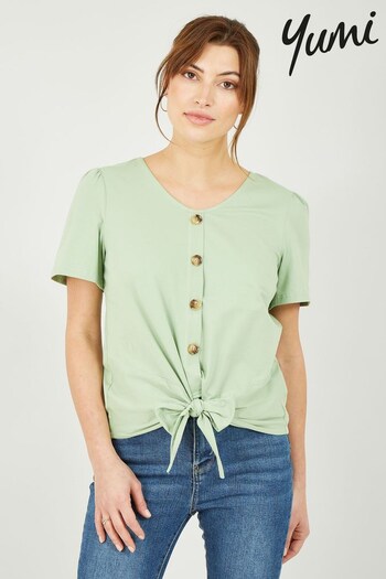 Yumi Green Button Tie Jersey T-Shirt (Q15619) | £25