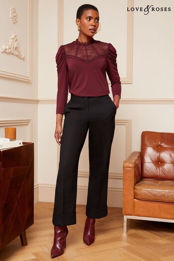 Love & Roses Berry Red Ruched Long Sleeve Jersey Lace Insert Yoke Top (Q16278) | £36