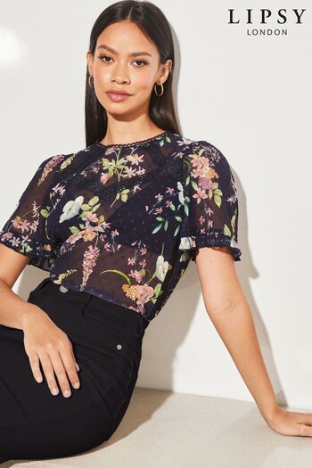 Lipsy Navy Printed Flutter Sleeve Top (Q16661) | £36