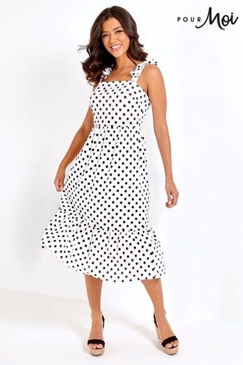 Pour Moi Black and White Polka Dots Laura Pique Tie Strap Tiered Midi Dress (Q16750) | £42