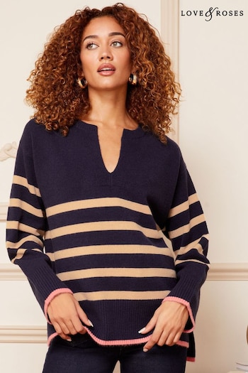 Love & Roses Navy Blue V Neck Long Sleeve Knitted Jumper (Q16878) | £40