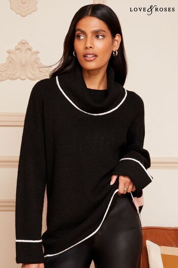 Love & Roses Black Contrast Roll Neck Cable Knit Jumper (Q16900) | £44