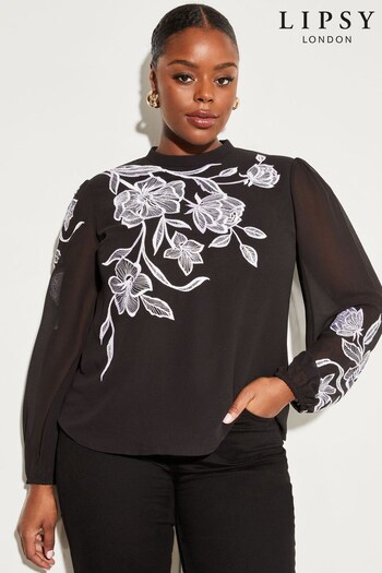 Lipsy Black Long Sleeve Crew Neck Mono Embroidered Top (Q17432) | £52