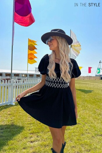 In The Style Black Perrie Sian Black Short Sleeve Milkmaid Dress With Embroidery Detail (Q18180) | £45