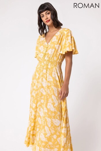 Roman Yellow Floral Print Tiered Midi Dress (Q18269) | £42