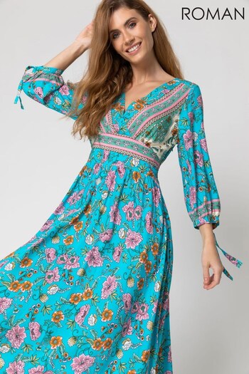 Roman Blue Floral Border Print Maxi Dress (Q18270) | £45