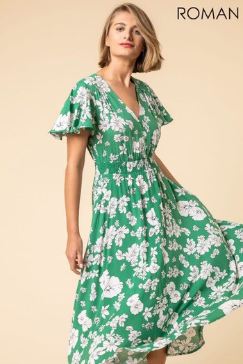 Roman Green Floral Print Tiered Midi Dress (Q18282) | £42