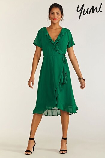 Yumi Green Frill Wrap Dress (Q18438) | £24