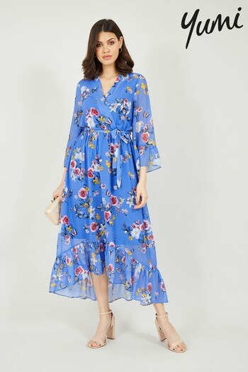 Yumi Blue Floral Butterfly Wrap High Low Dress (Q18447) | £55