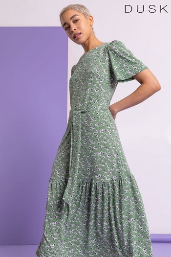 Dusk Green Ditsy Daisy Print Belted Dress (Q19010) | £48