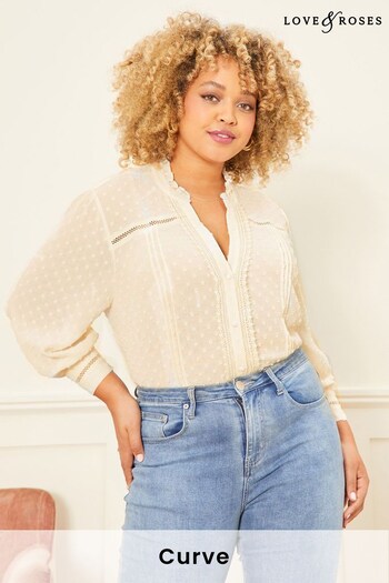 Love & Roses Ivory Curve Dobby Spot Lace Trim 3/4 Sleeve Button Through Blouse (Q19107) | £36