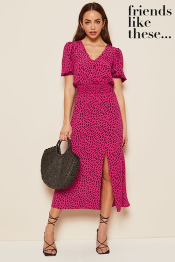 Brushes & Sponges Pink Short Sleeve Ruched Waist Midi Dress (Q19581) | £14