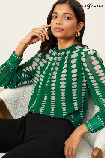 Food & Drink Green Printed Ruched High Neck Long Sleeve Chiffon Blouse (Q19673) | £39