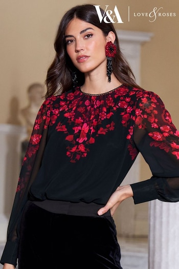 V&A | Love & Roses Black and Red Printed Ruched High Neck Long Sleeve Chiffon Blouse (Q19680) | £44
