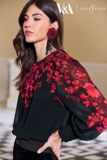 FIVE CM paisley-print kimono jacket Black and Red Petite Printed Ruched High Neck Long Sleeve Chiffon Blouse (Q19681) | £44