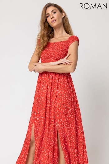 Roman Red Shirred Ditsy Floral Print Bardot Dress (Q19754) | £35