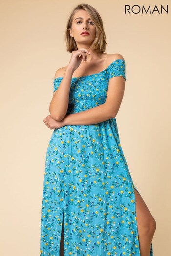 Roman Blue Shirred Ditsy Floral Print Bardot Dress (Q19755) | £35