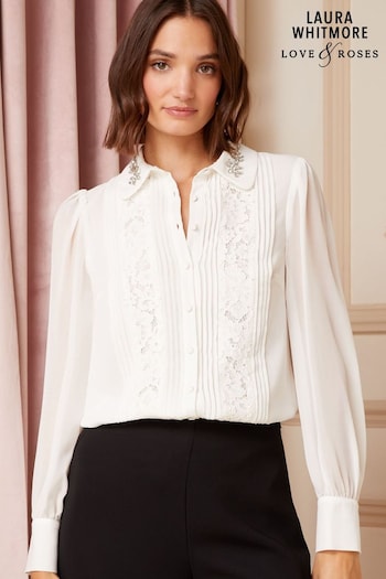 Love & Roses Ivory White White Petite Embellished Collar Lace Trim Shirt (Q19783) | £40