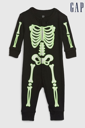 Gap Black Organic Cotton Glow-In-The-Dark Skeleton Baby Sleepsuit (Q20196) | £25