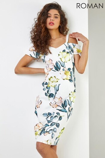 Roman Ivory Floral Cold Shoulder Scuba Dress (Q20527) | £55
