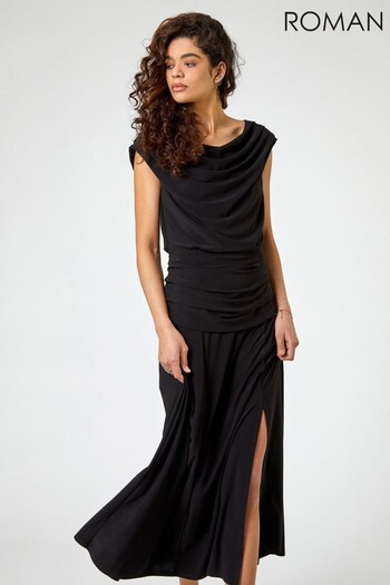 Roman Black Cowl Neck Ruched Maxi Dress (Q20531) | £42
