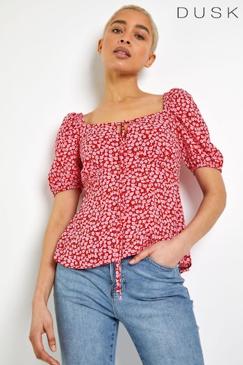 Dusk Red Ditsy Floral Tie Neck Peplum Top (Q20584) | £32