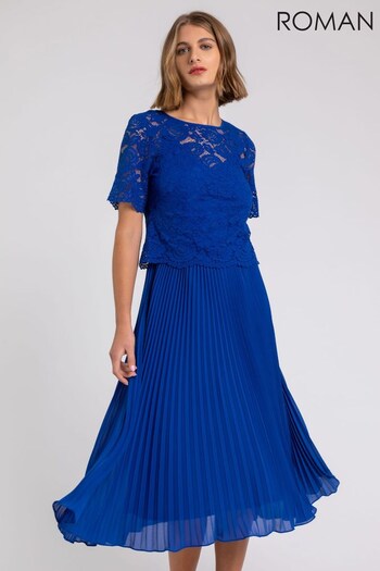 Roman Blue Lace Top Overlay Pleated Midi Dress (Q20741) | £75