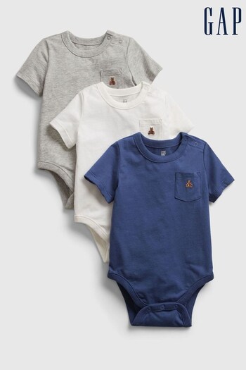 Gap Blue, Grey & White Pocket 3 Pack Long Sleeve Baby Bodysuits (Q20805) | £20