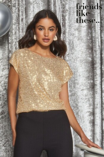 Friends Like These Gold Petite Short Sleeve Round Neck Sequin T-Shirt (Q21161) | £39