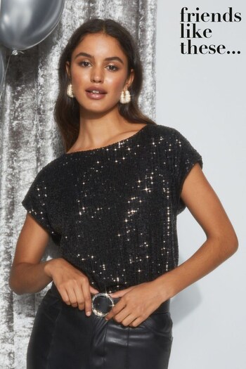 Friends Like These Black Petite Short Sleeve Round Neck Sequin T-Shirt (Q21256) | £39