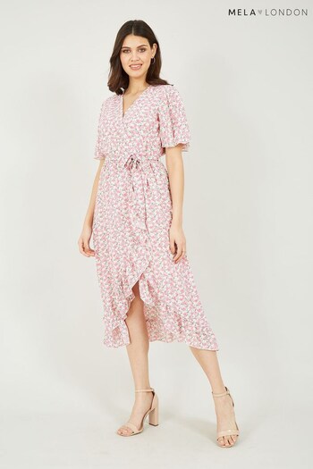 Mela Pink Ditsy Floral Wrap Midi Dress (Q21360) | £55