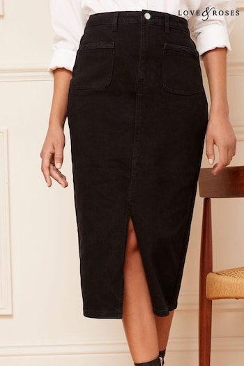 Love & Roses Black Braided Pocket Denim Midi Skirt (Q21973) | £45