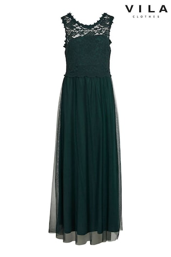 VILA Green Sleeveless Lace And Tulle Maxi Dress (Q21976) | £48