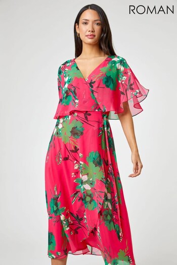 Roman Pink Floral Print Frill Cape Wrap Dress (Q22194) | £55