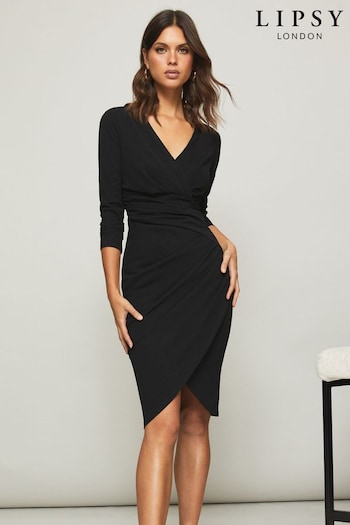 Lipsy Black Long Sleeve Wrap Gathered Waist Midi Dress (Q22225) | £46