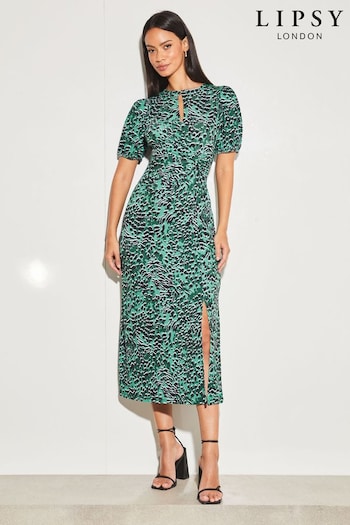 Lipsy Green Animal Jersey Short Sleeve Keyhole Ruched Midi high Dress (Q22228) | £48