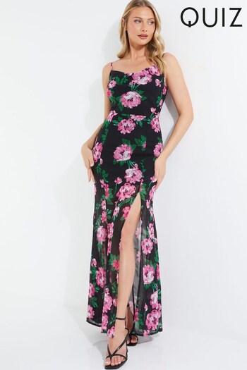 Quiz Black & Pink Floral Chiffon Maxi shirt Dress with Cowl Neck (Q22262) | £50