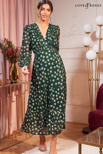 Love & Roses Green Star Metallic V Neck Ruffle Long Sleeve Midi Summer Dress (Q22285) | £66