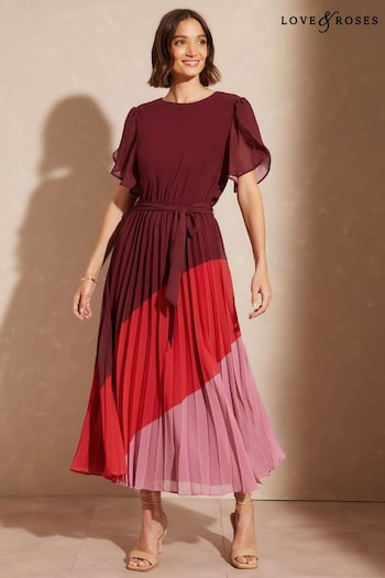 Love & Roses Pink Colourblock Printed Tulip Sleeve Belted Pleated Midi Summer Dress (Q22286) | £72