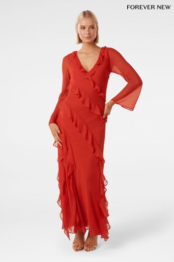 Forever New Red Bonnie Ruffle Long Sleeve bolsillo Dress (Q22318) | £60