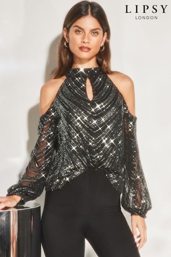 Lipsy Black silver sequin Cold Shoulder Long Sleeve Top (Q22420) | £50