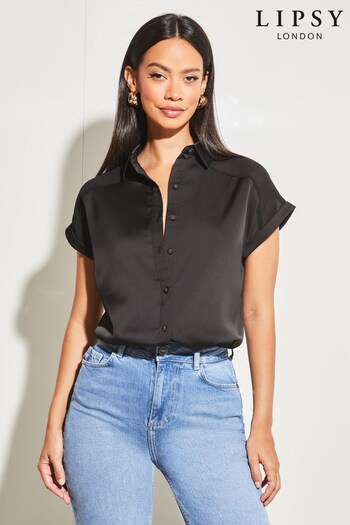 Lipsy Black Satin Short Sleeve Button Through Shirt (Q22539) | £34