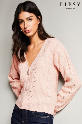 Lipsy Pink Cropped Cable Knit Button Through Cardigan (Q22597) | £42
