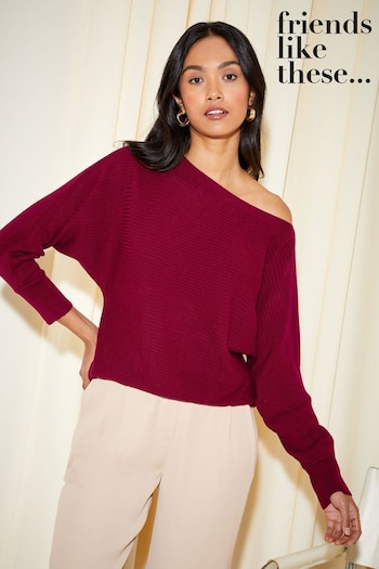 Friends Like These Berry Red Batwing Knitted Off The Shoulder Jumper (Q22599) | £34