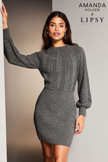 Lipsy Grey Blouson Sleeve Cable Knitted Crew Neck Jumper Dress (Q22616) | £56