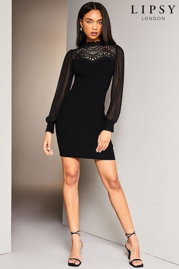 Lipsy Black 2 in 1 Long Sleeve Lace Yoke Mini Ernest Dress (Q22617) | £60