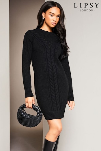 Lipsy Black Cosy Pointelle Crew Neck Knitted Jumper Dress (Q22618) | £36