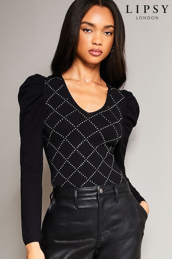 Lipsy Black Argyl Diamante Long Puff Sleeve Knitted Jumper (Q22633) | £45