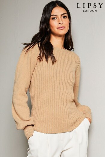 Lipsy Camel Rib Crew Neck Knitted Jumper (Q22641) | £32